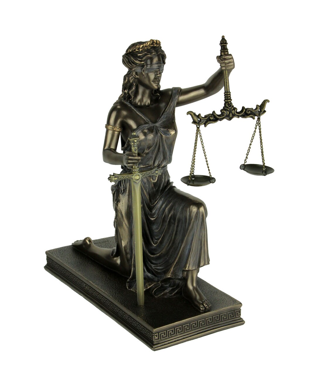 Bronze Finish Lady Justice Kneeling Holding Balance Scales and Sword Statue